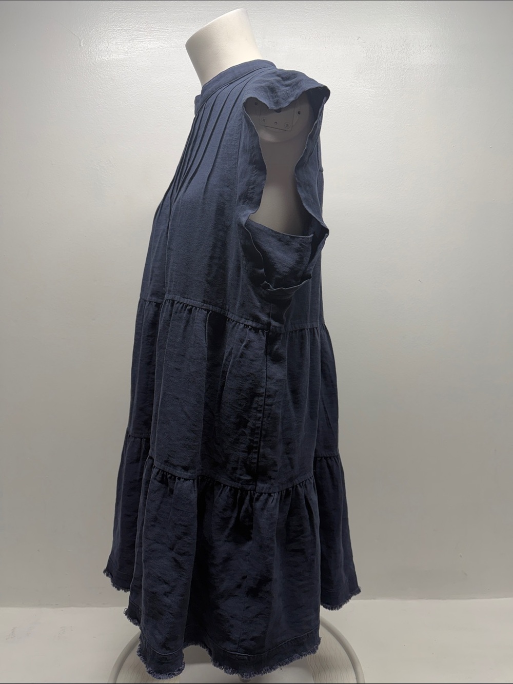 Bohme Regina Dress Pleated Mini Sleeveless Raw Hem Tiered Pockets Blue Medium - Picture 4 of 7
